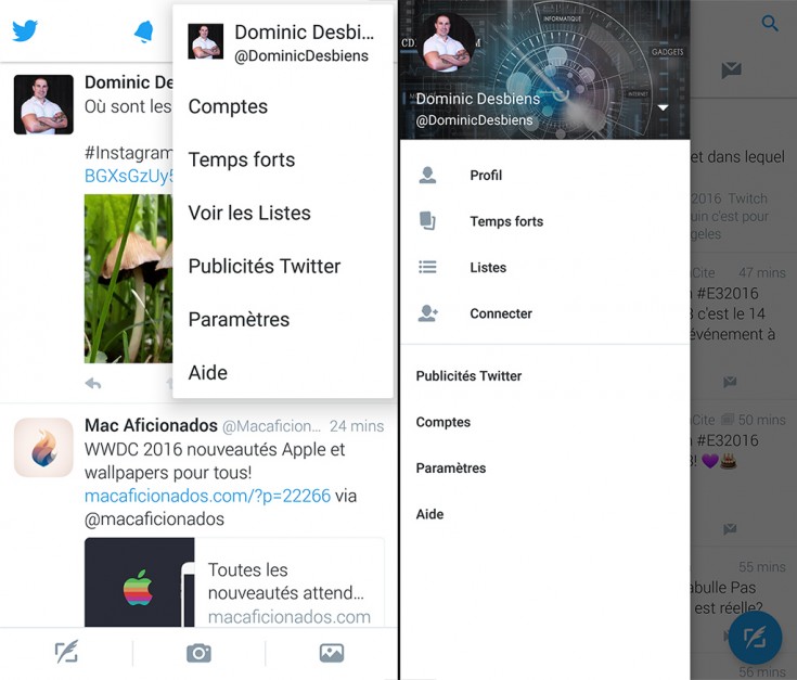 Menu Twitter Android