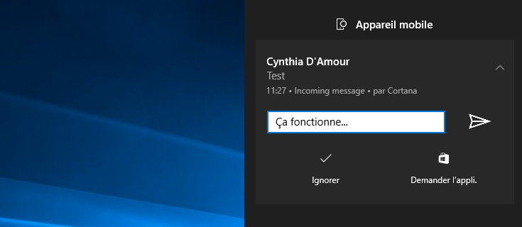 Test de notification avec Cortana
