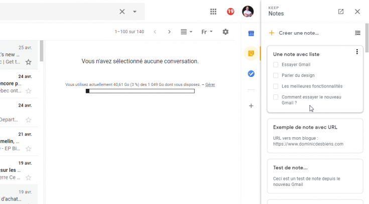 Google Keep dans Gmail