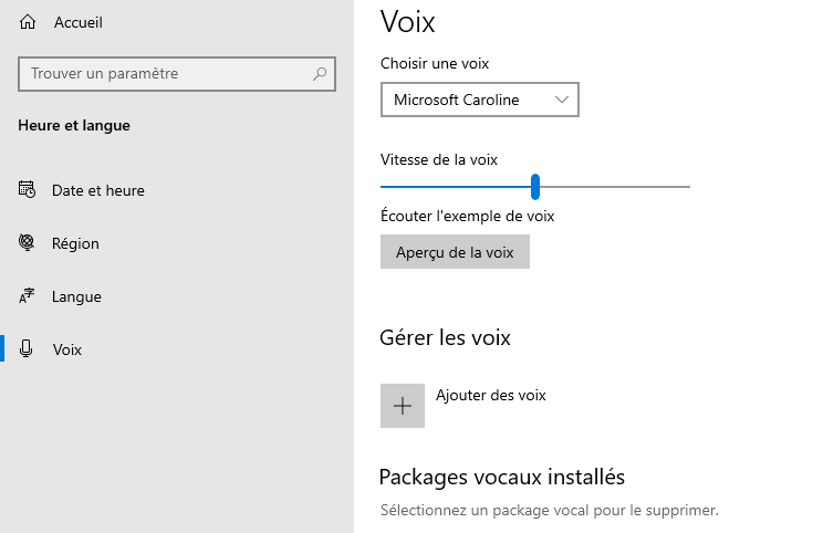 Ajout d'une voix dans Windows 10, mise à jour mai 2019