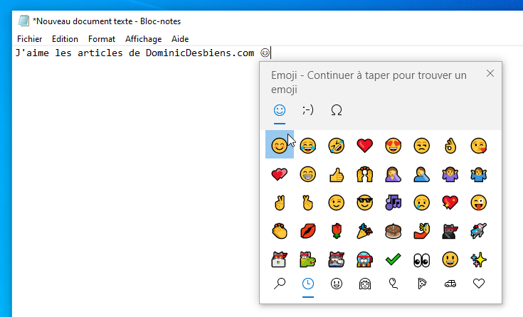 Panneau Emojis Windows 10