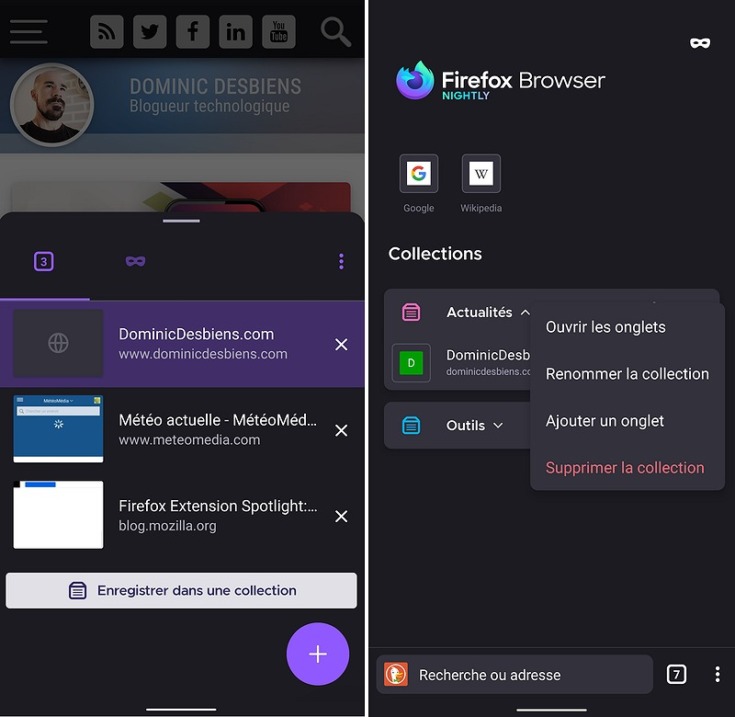 Onglets et collections dans Firefox Android