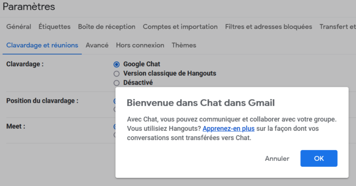 Activation Google Chat dans Gmail